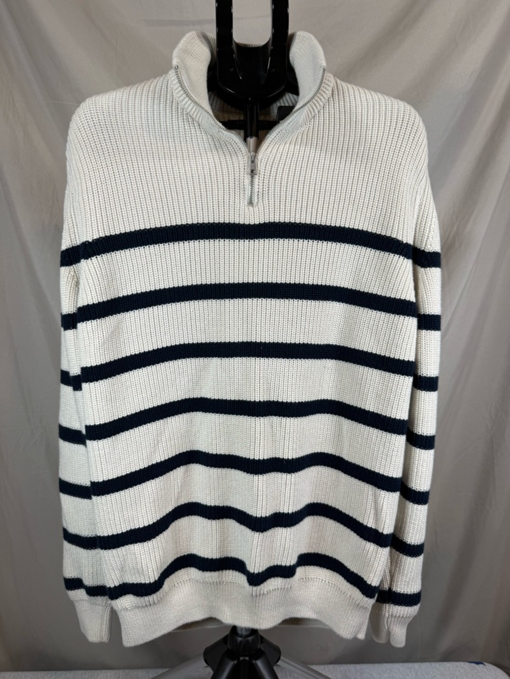Zara Knit Quarter Zip Sweater - Cream Navy Stripe - XL